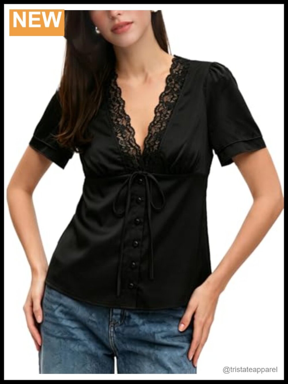 Satin V Neck Lace Trim Tie Front Blouse Short Sleeve Elegant Women's Top